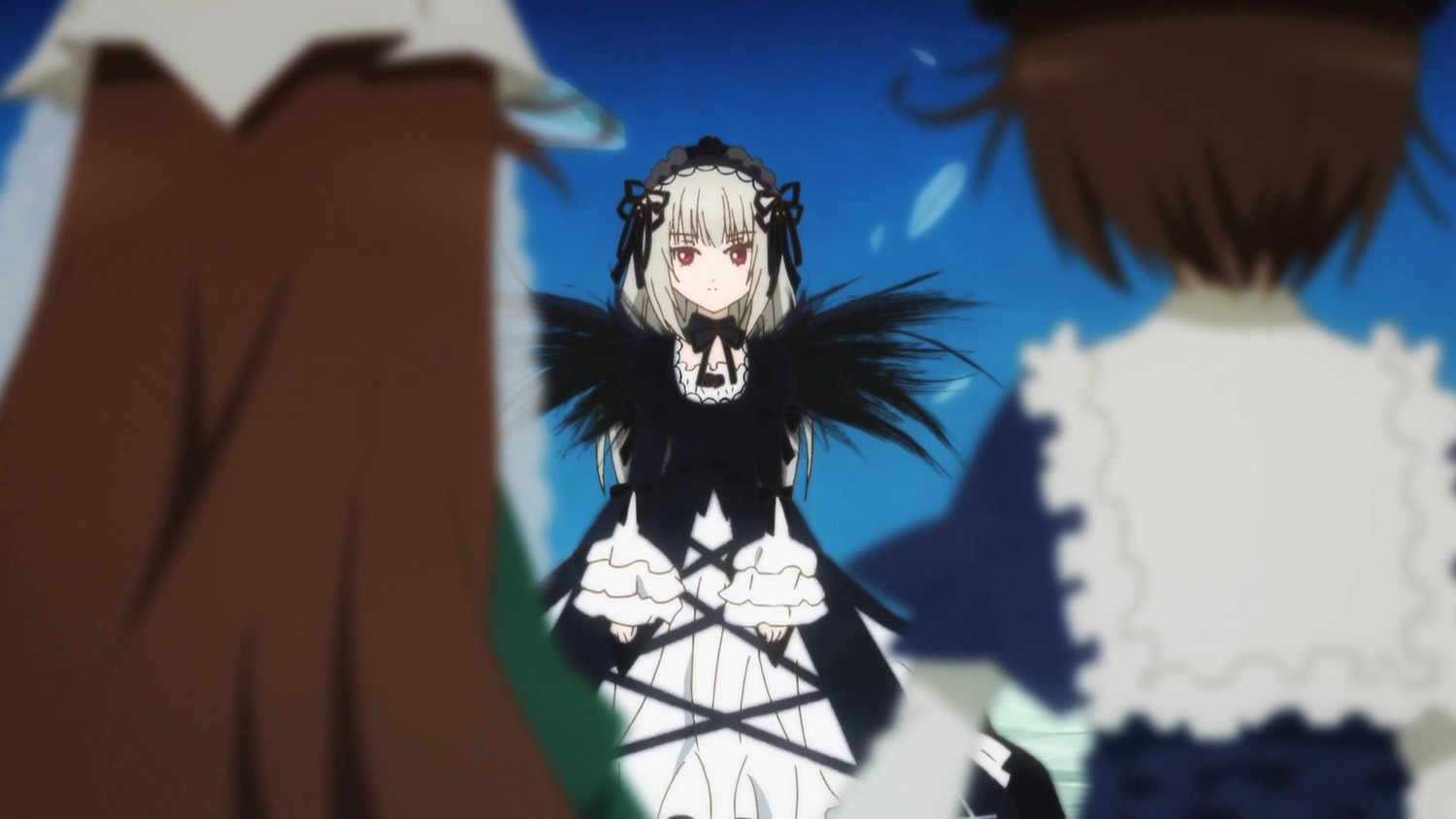 1boy 1girl black_dress black_wings blurry blurry_background blurry_foreground depth_of_field dress feathered_wings frills gothic_lolita hairband image lolita_fashion lolita_hairband long_hair long_sleeves motion_blur multiple multiple_girls red_eyes ribbon silver_hair standing suigintou tagme wings