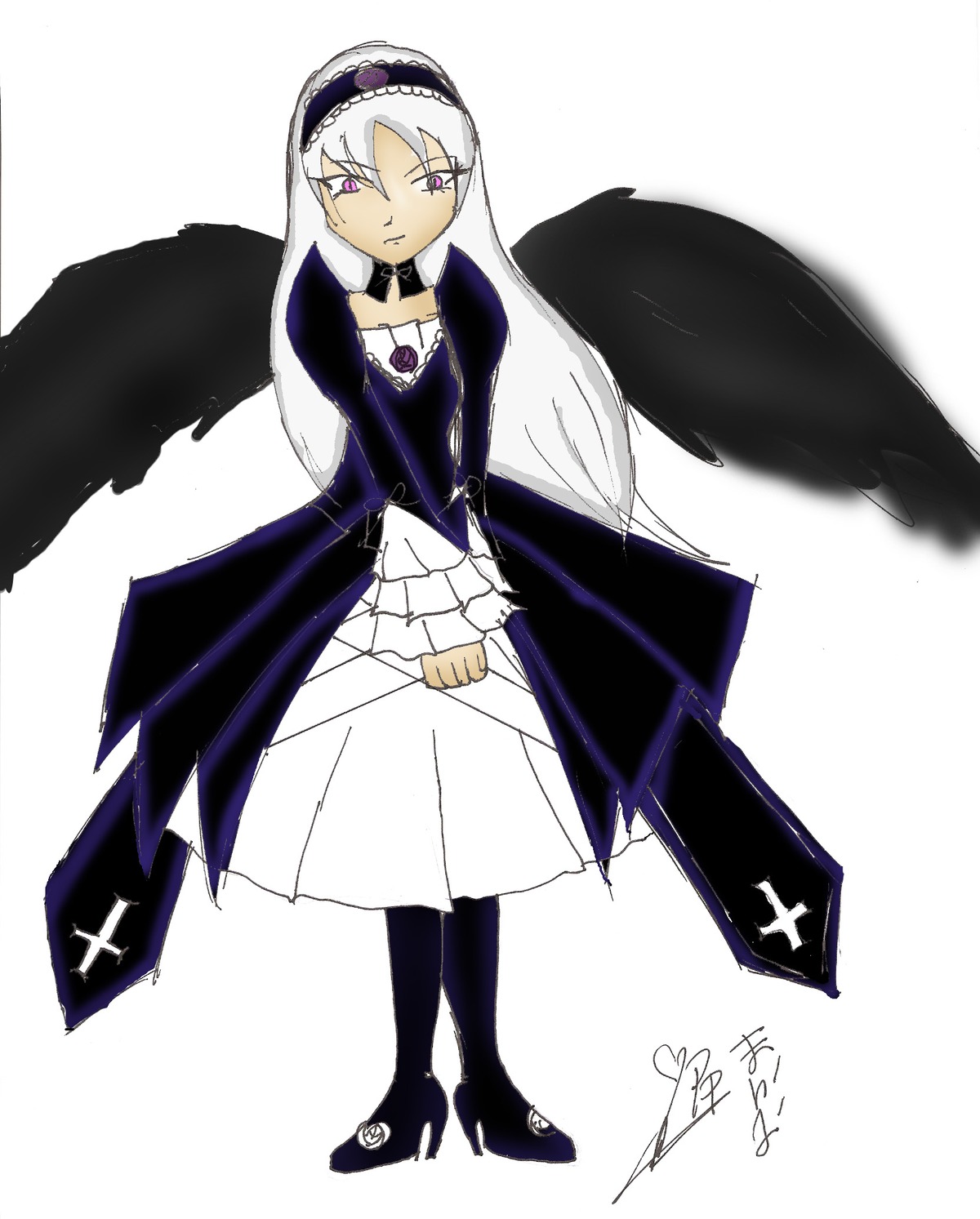 1girl black_wings boots dress frills full_body hairband high_heel_boots high_heels image long_hair long_sleeves looking_at_viewer pink_eyes puffy_sleeves signature simple_background solo standing suigintou white_background white_hair wings