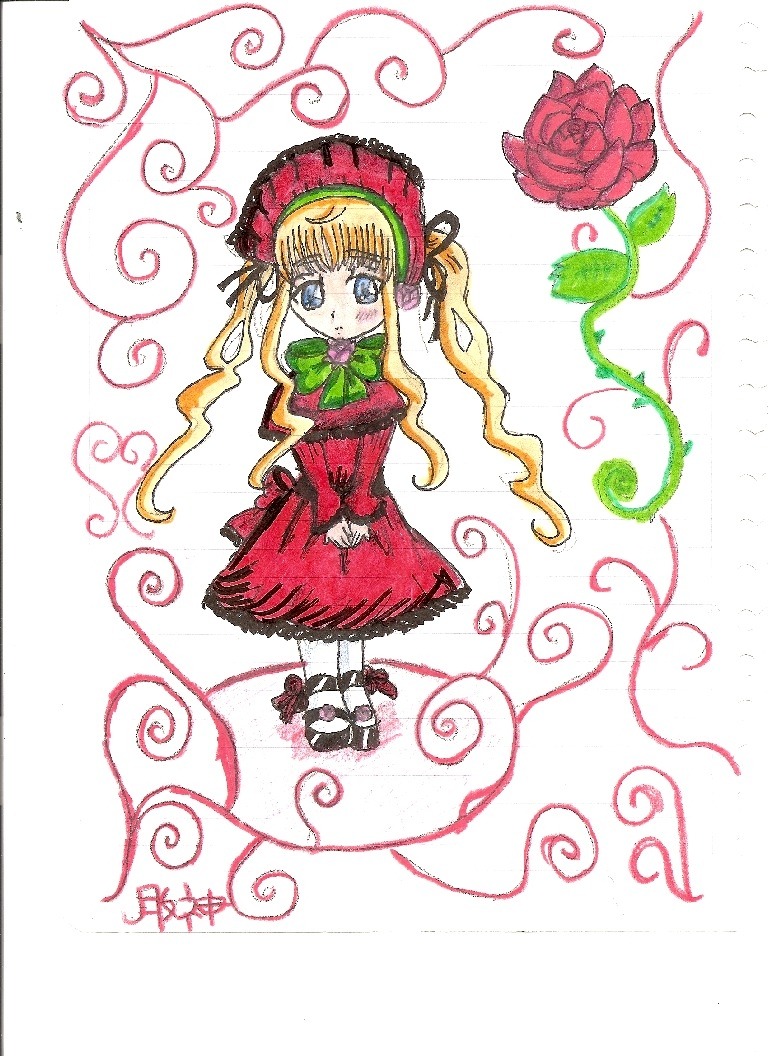1girl blonde_hair blue_eyes blush bonnet bow bowtie dress flower full_body green_bow image long_hair long_sleeves looking_at_viewer marker_(medium) red_dress rose shinku shoes solo standing traditional_media twintails