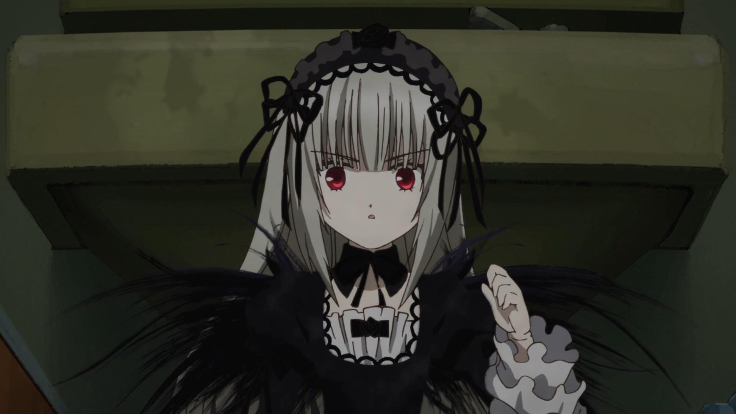 1girl bangs black_dress black_wings dress eyebrows_visible_through_hair frills hairband image long_hair long_sleeves looking_at_viewer red_eyes ribbon rose silver_hair solo suigintou wings