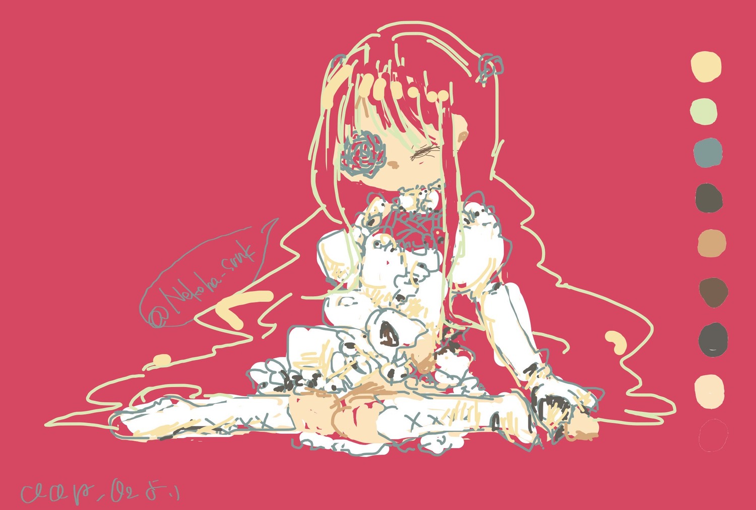 1girl boots closed_eyes flower image kirakishou long_sleeves red_background simple_background sitting solo