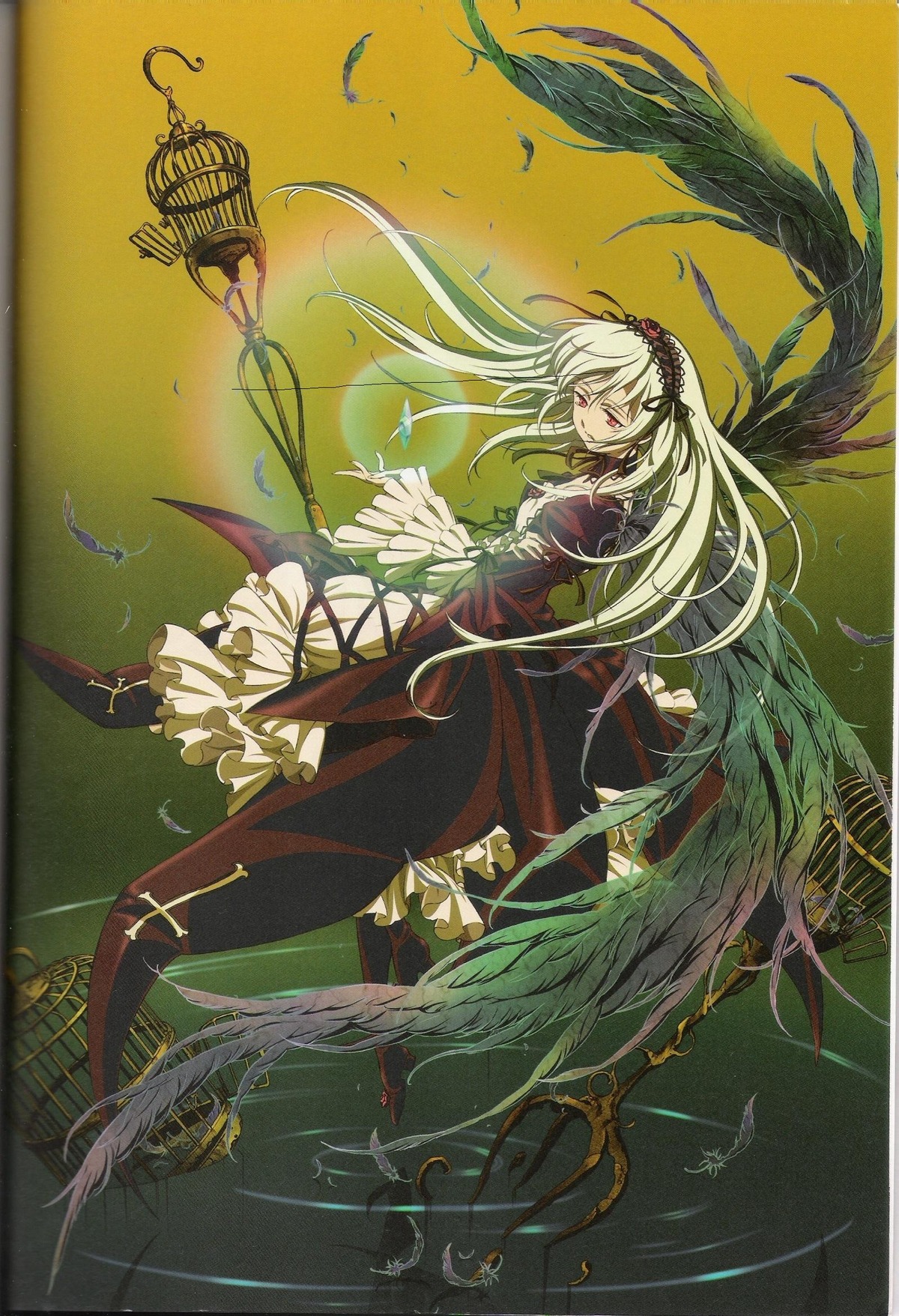 1girl black_wings dress feathers floating_hair flower frills hairband image long_hair long_sleeves red_dress red_eyes solo suigintou very_long_hair white_hair wings