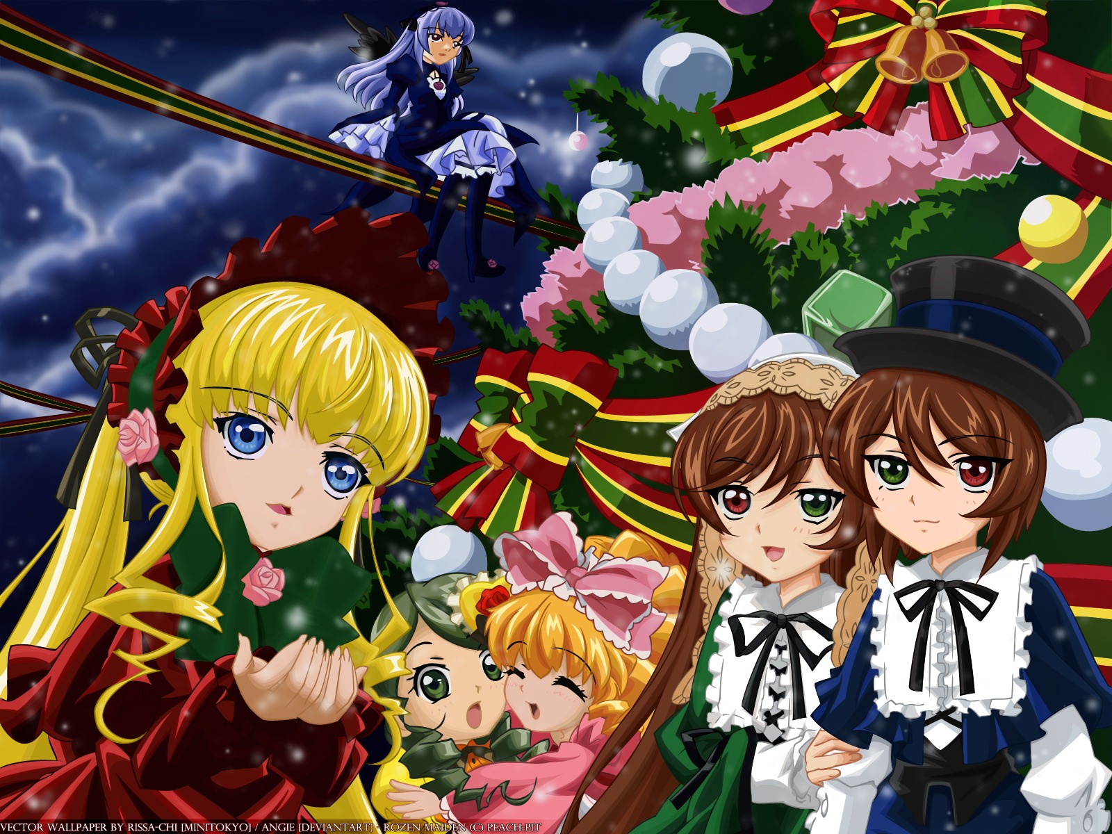 6+girls blonde_hair blue_dress blue_eyes bow brown_hair christmas_tree closed_eyes cup dress frills green_dress green_eyes hat heterochromia hina_ichigo image long_hair long_sleeves looking_at_viewer multiple multiple_girls night open_mouth pink_bow red_eyes ribbon shinku siblings sisters smile souseiseki suiseiseki tagme top_hat twins twintails very_long_hair