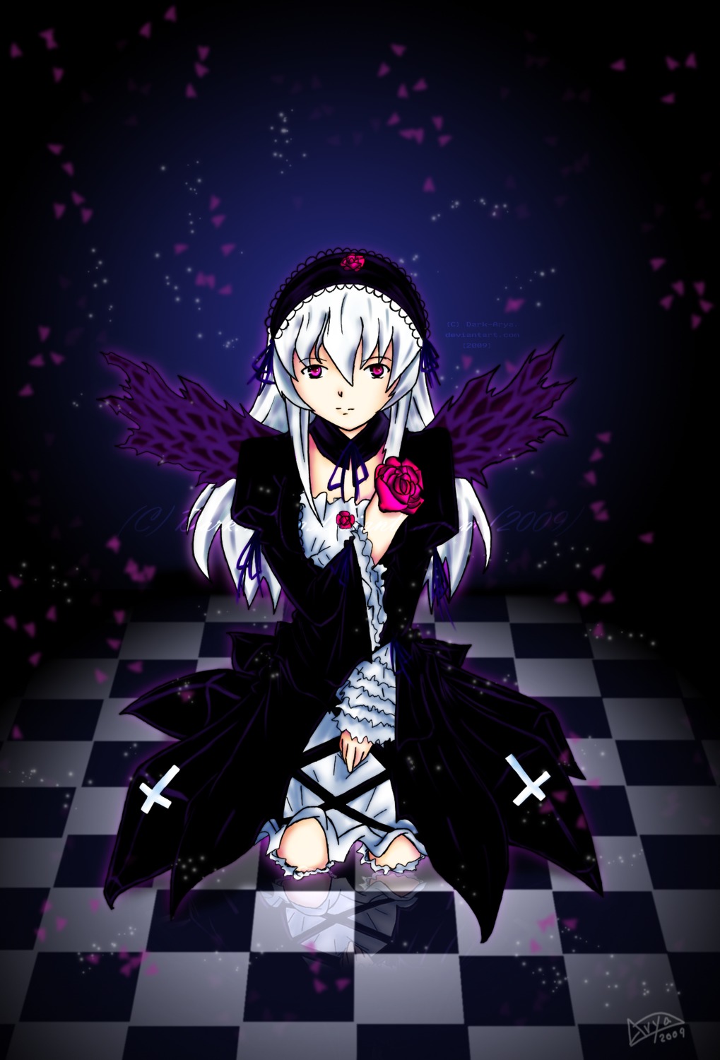 1girl argyle argyle_background argyle_legwear black_rock_shooter_(character) blanket board_game checkerboard_cookie checkered checkered_background checkered_floor checkered_kimono checkered_neckwear checkered_scarf checkered_shirt checkered_skirt cherry_blossoms chess_piece colorful cookie crosswalk diamond_(shape) dress flag flaming_eye floor flower hairband heterochromia himekaidou_hatate holding_flag image king_(chess) knight_(chess) lolita_hairband long_hair mirror moon official_style on_floor perspective petals pillar pink_flower pink_rose pixel_art plaid_background race_queen red_eyes reflection reflective_floor rook_(chess) rose solo star_(sky) suigintou tile_floor tile_wall tiles vanishing_point white_hair wings yagasuri