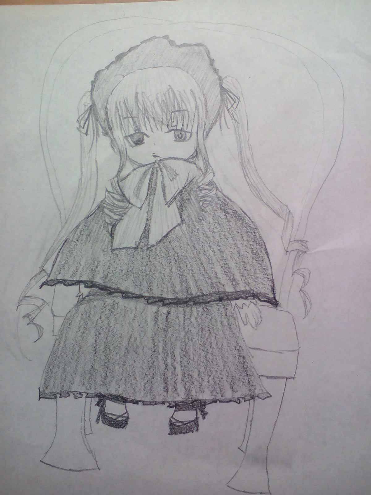 1girl bonnet bowtie dress full_body image long_hair long_sleeves looking_at_viewer monochrome photo shinku solo standing traditional_media very_long_hair