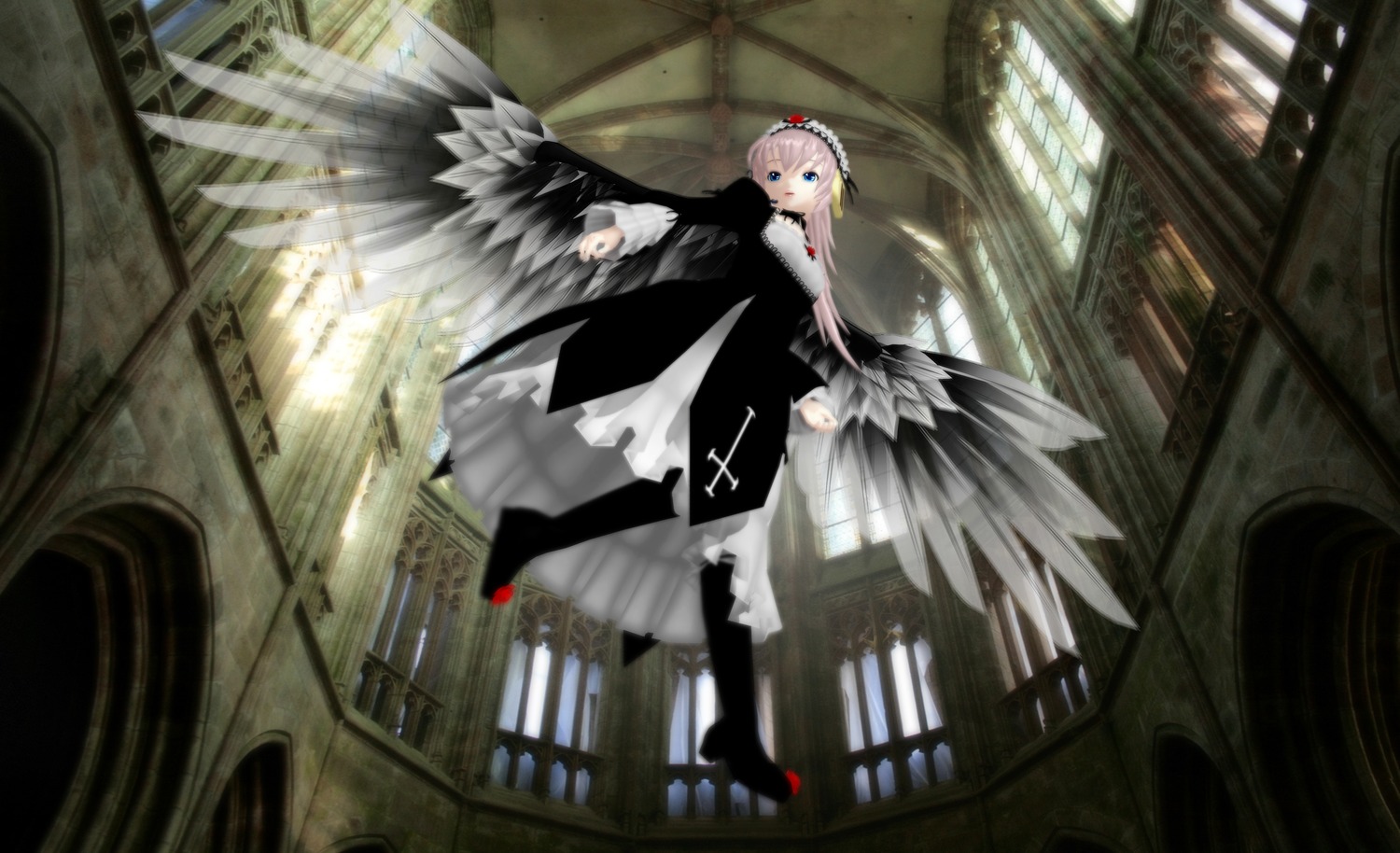 1girl auto_tagged black_dress blonde_hair blue_eyes church dress hairband image indoors long_hair long_sleeves pantyhose solo standing suigintou wings