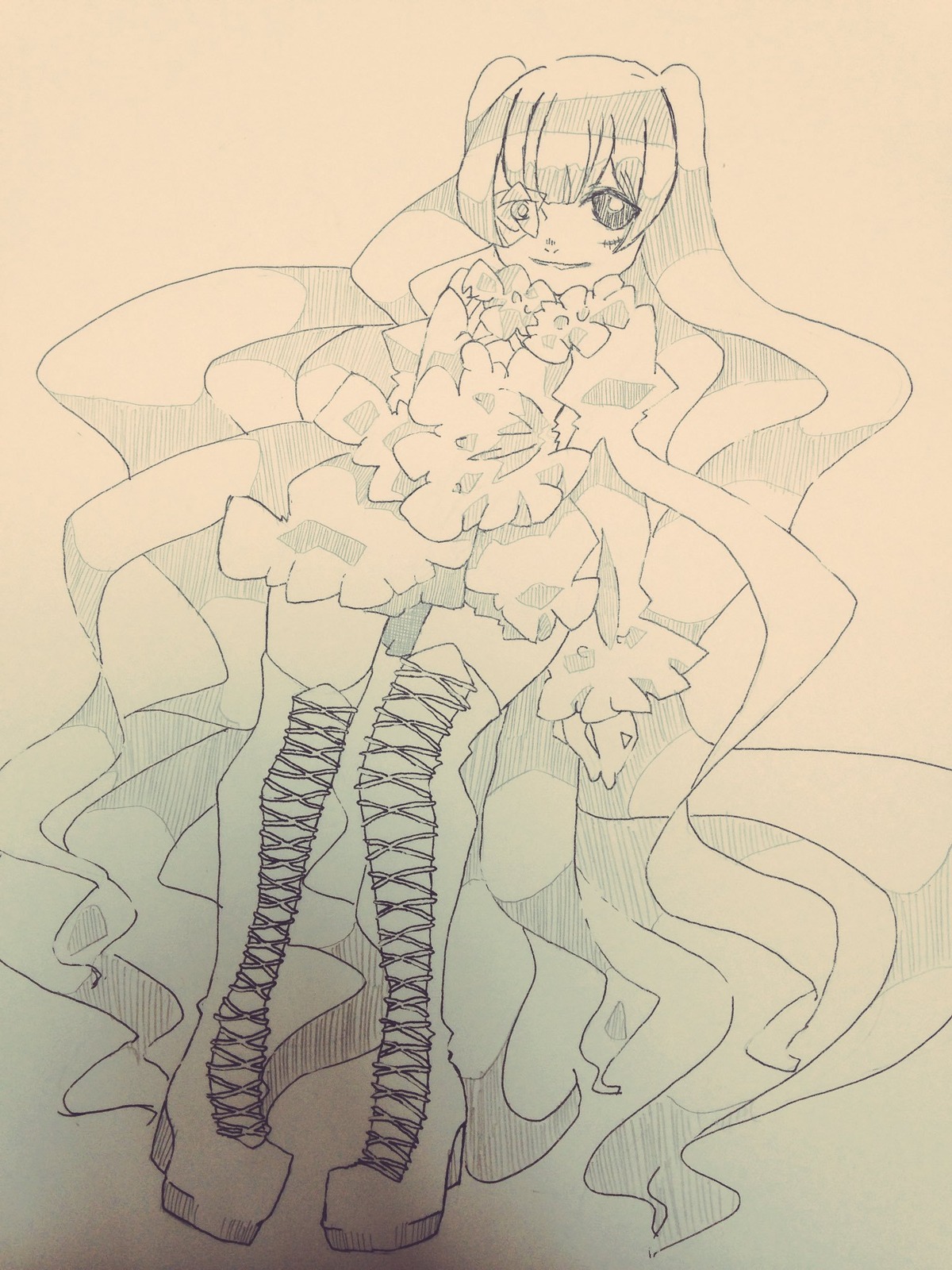 1girl boots dress frills full_body image kirakishou long_hair monochrome solo thighhighs traditional_media