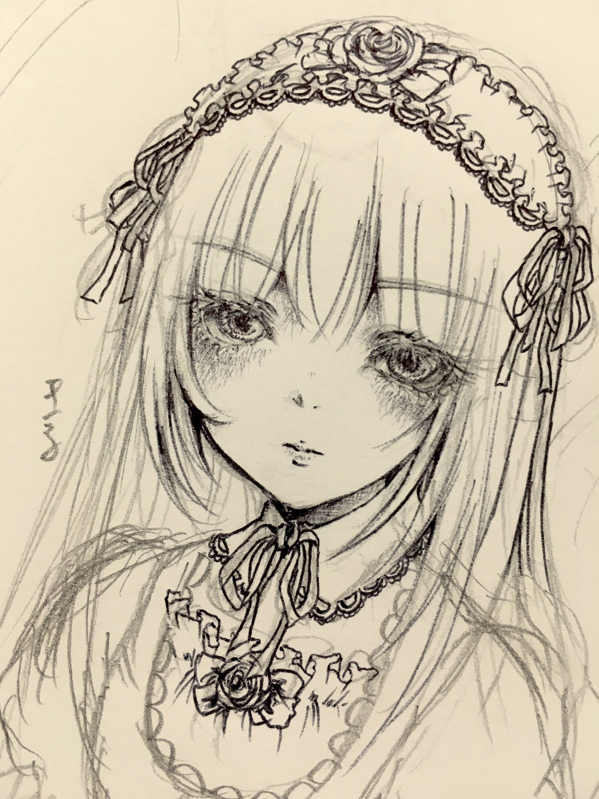 1girl blush closed_mouth detached_collar eyebrows_visible_through_hair frills hairband image lolita_hairband long_hair looking_at_viewer monochrome ribbon simple_background solo suigintou traditional_media upper_body