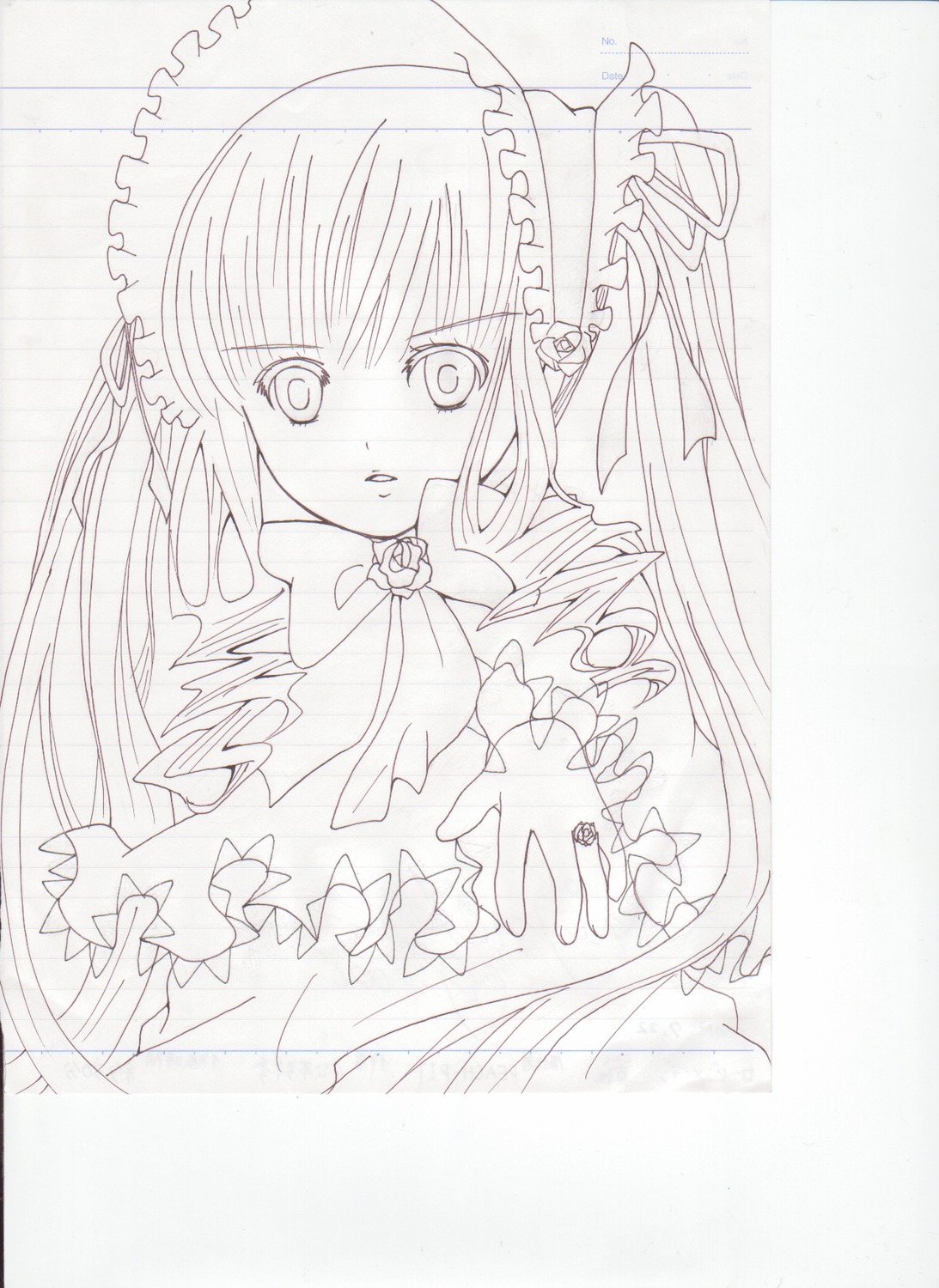 1girl bow dress drill_hair frills image long_hair long_sleeves looking_at_viewer monochrome ribbon shinku simple_background solo twin_drills twintails upper_body