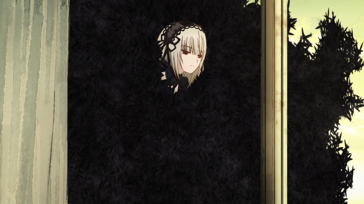 1girl bangs black_ribbon closed_mouth dress eyebrows_visible_through_hair forest hairband image looking_at_viewer nature outdoors red_eyes ribbon solo suigintou tree