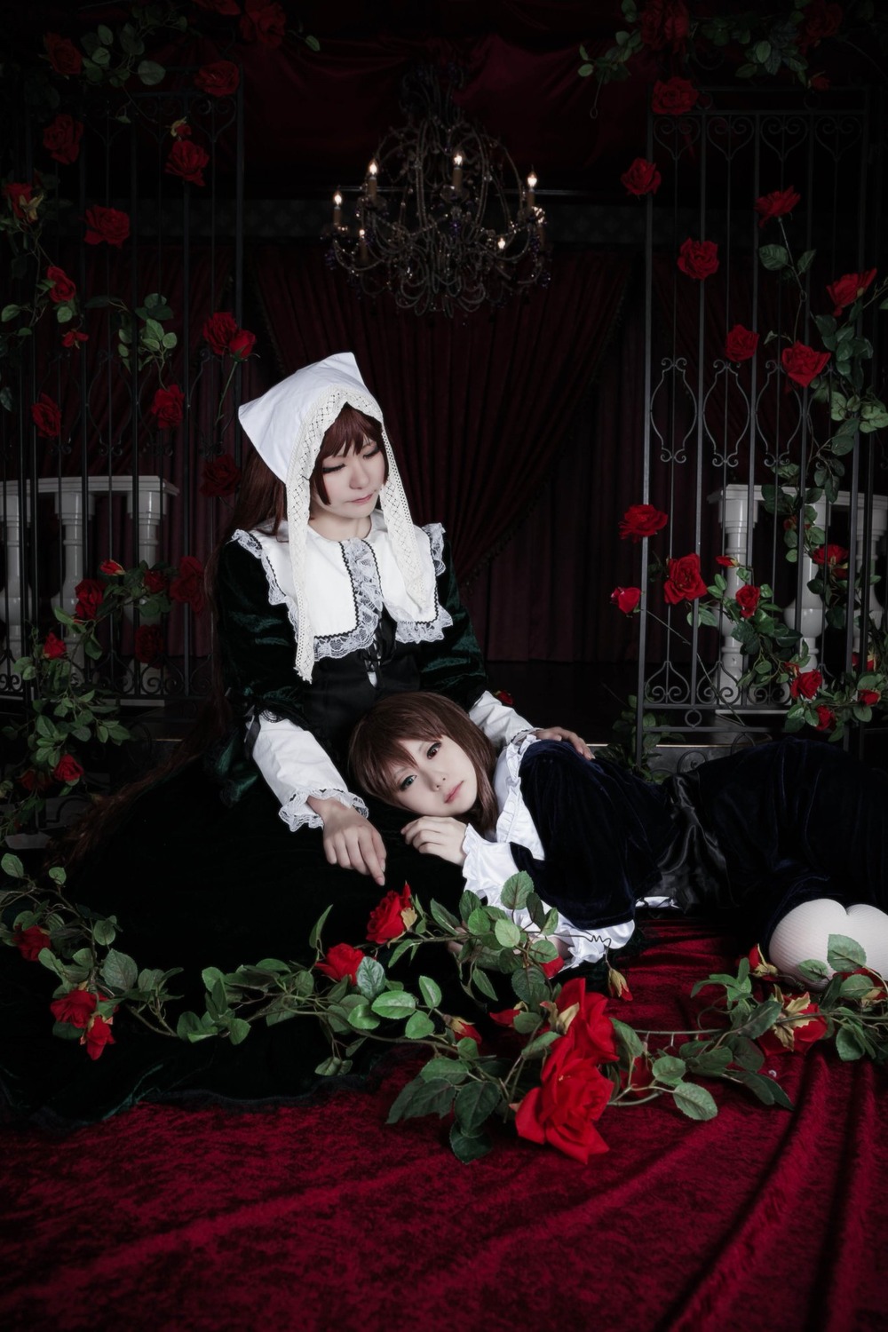 2girls apron black_dress brown_hair closed_eyes dress flower fruit lips maid multiple_cosplay multiple_girls plant red_flower red_rose rose tagme thorns vines