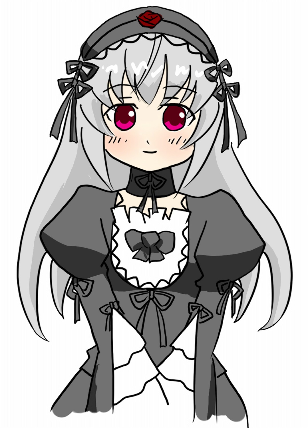 1girl black_dress blush closed_mouth dress hairband image juliet_sleeves lolita_fashion long_hair long_sleeves looking_at_viewer pink_eyes puffy_sleeves simple_background smile solo striped suigintou upper_body white_background