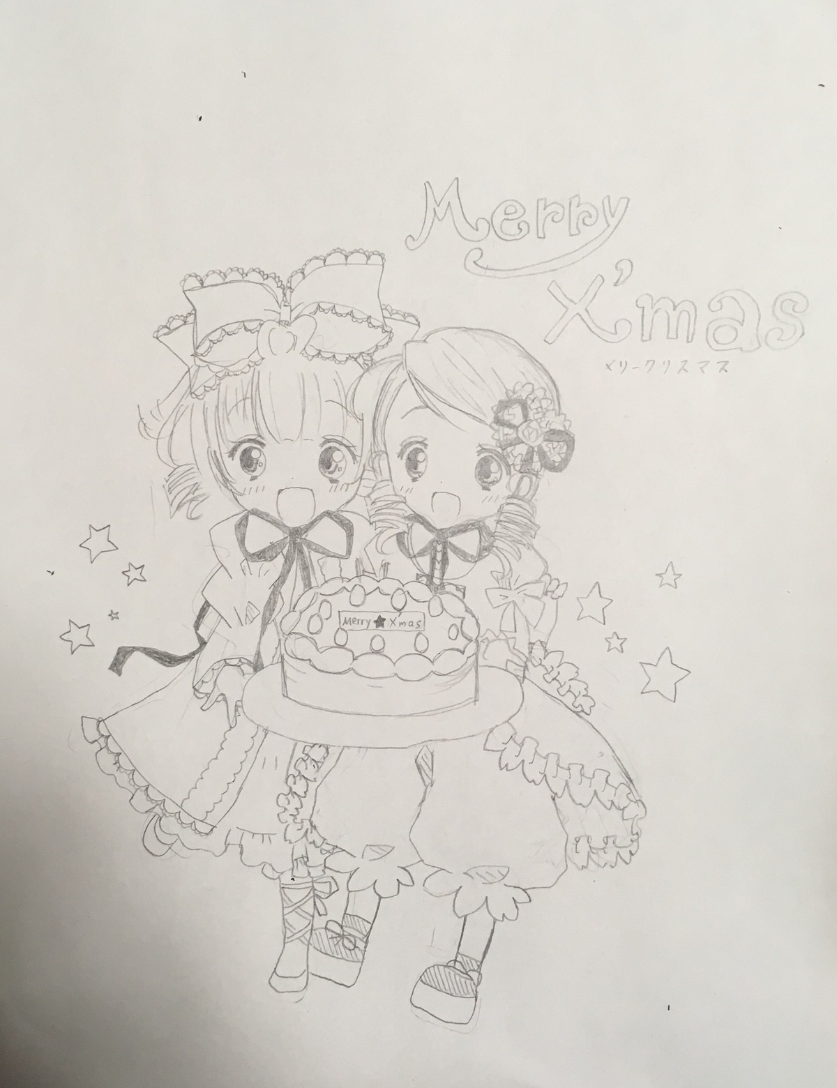 2girls blush bow dress food fruit hair_ornament hinaichigo image kanaria monochrome multiple_girls open_mouth pair short_hair smile star_(symbol) strawberry striped traditional_media