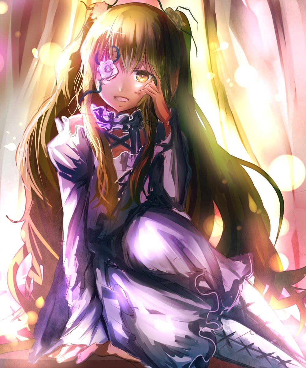 1girl animal_ears bad_id bad_pixiv_id blonde_hair boots brown_hair cross-laced_footwear curtains dress eyepatch flower hair_flower hair_ornament hand_in_hair highres hijiri_byakuren hizagawa_rau image juliet_sleeves kirakishou light_rays long_hair long_sleeves looking_at_viewer puffy_sleeves purple_dress rozen_maiden sitting solo sunlight two_side_up very_long_hair yellow_eyes