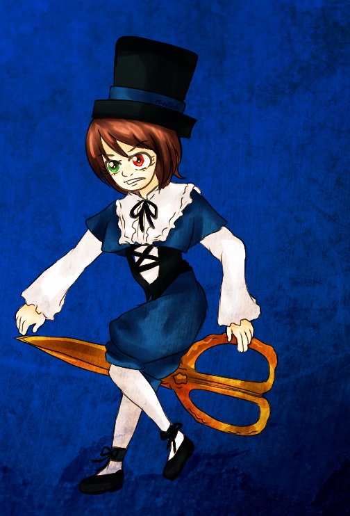 1girl blue_background bow brown_hair dress full_body green_eyes hat heterochromia image long_sleeves red_eyes scissors short_hair solo souseiseki teeth top_hat