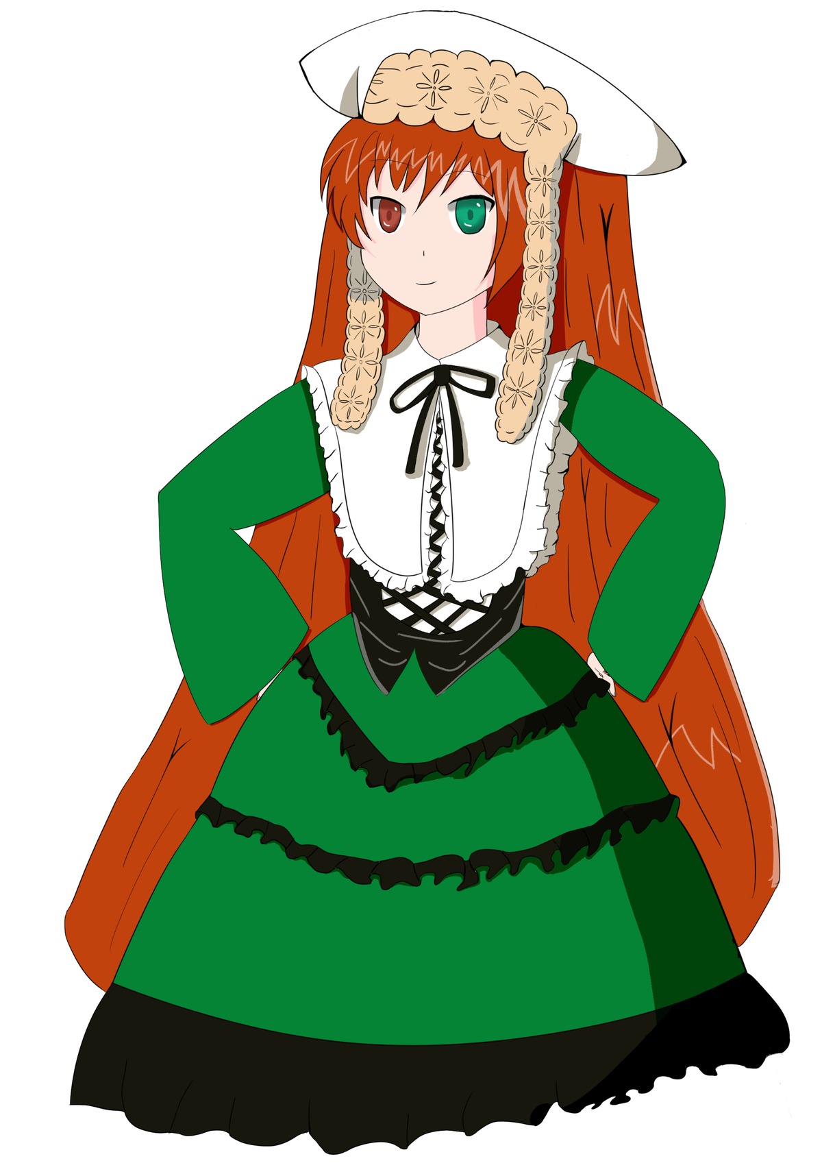 1girl brown_hair dress frills full_body green_dress green_eyes hand_on_hip hat heterochromia image lolita_fashion long_hair long_sleeves looking_at_viewer red_eyes ribbon simple_background solo suiseiseki twintails very_long_hair white_background