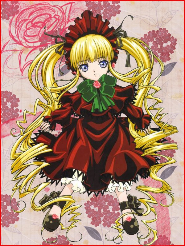 1girl auto_tagged blonde_hair bloomers blue_eyes bonnet bow bowtie dress drill_hair full_body green_bow image long_hair long_sleeves looking_at_viewer marker_(medium) red_dress shinku solo twintails underwear very_long_hair