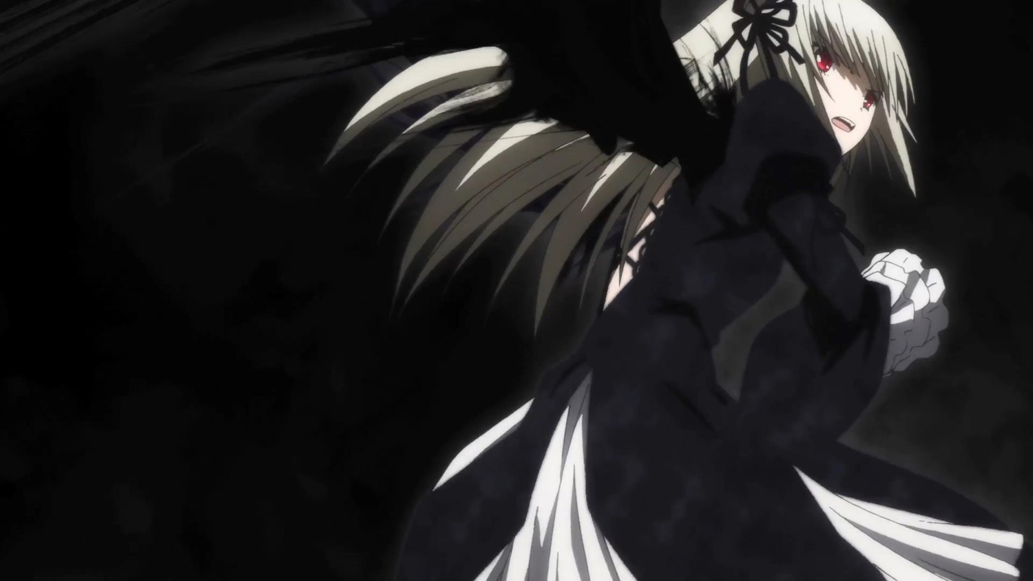 1girl :d black_dress black_wings dress flower frilled_sleeves frills hairband image juliet_sleeves long_hair long_sleeves looking_at_viewer open_mouth puffy_sleeves red_eyes rose simple_background solo suigintou very_long_hair wings