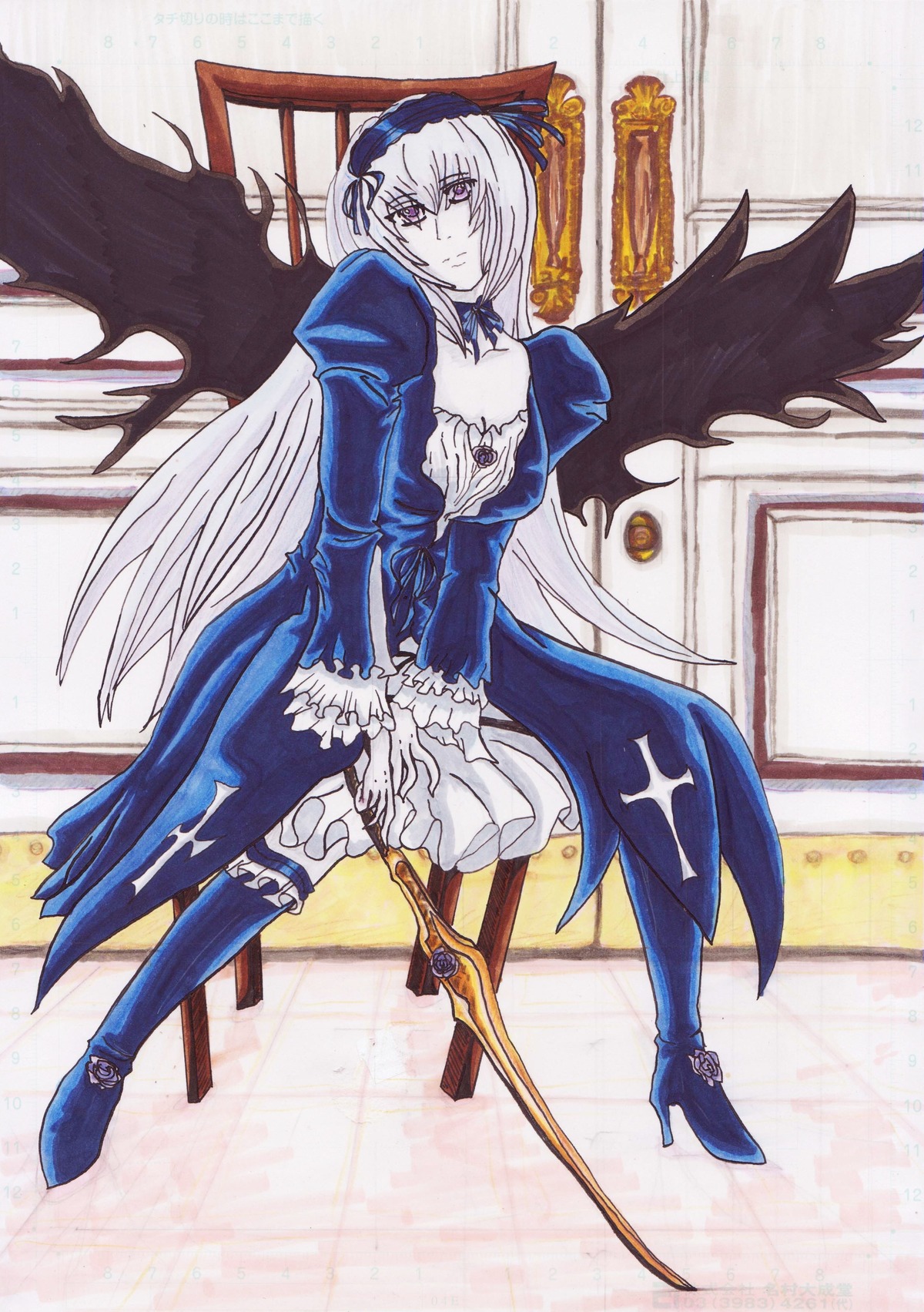1girl black_wings boots chair dress frills hairband high_heels image long_hair long_sleeves silver_hair solo suigintou sword thighhighs weapon wings
