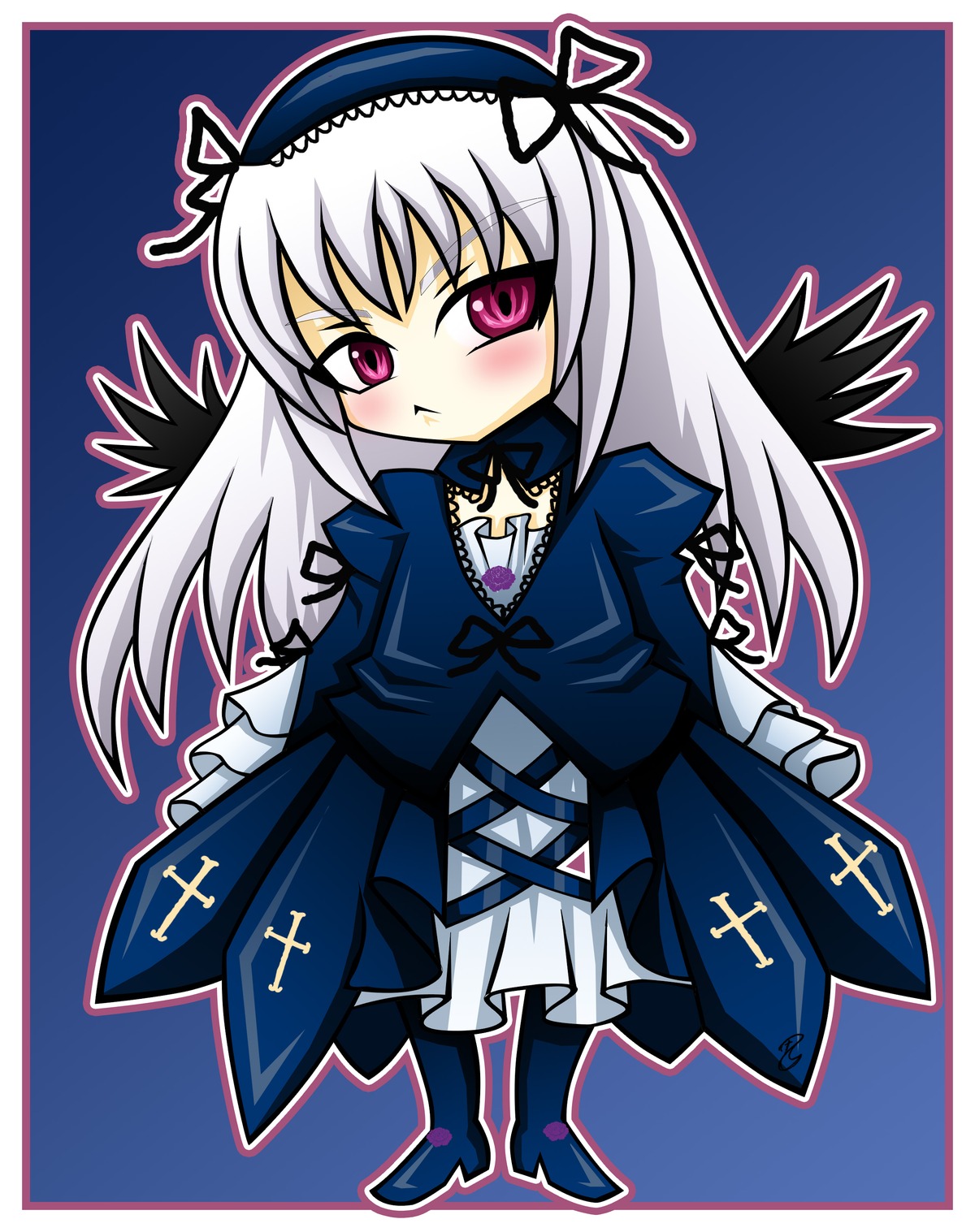 1girl black_wings blush chibi dress frills full_body hairband image long_hair long_sleeves looking_at_viewer outline pink_eyes ribbon silver_hair solo suigintou white_outline wings