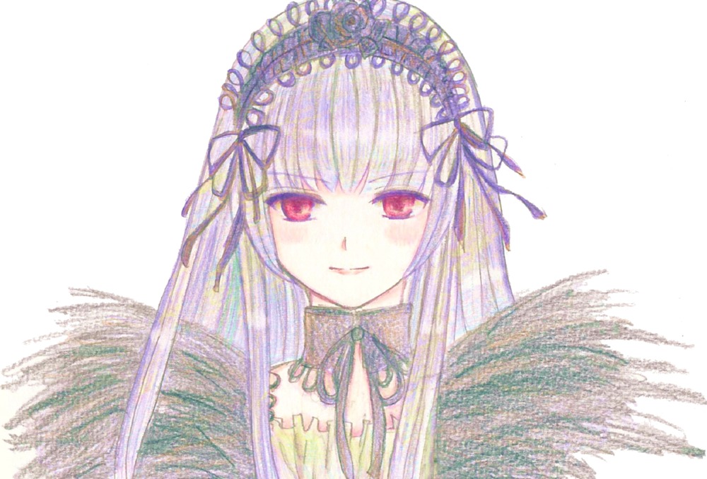 1girl auto_tagged bangs blush closed_mouth detached_collar eyebrows_visible_through_hair image long_hair looking_at_viewer ribbon simple_background smile solo suigintou upper_body white_background