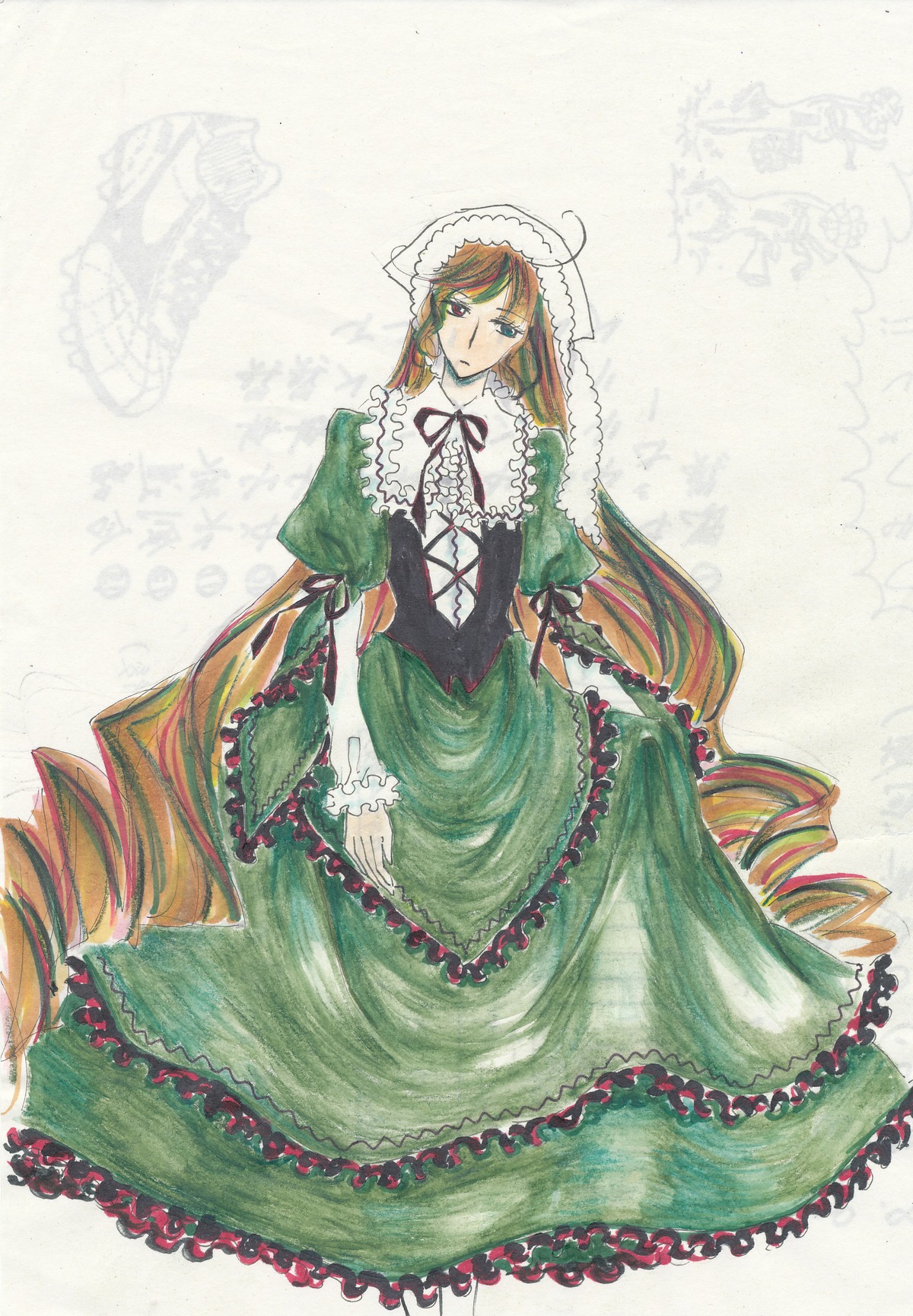 1girl bonnet brown_hair dress drill_hair frills green_dress green_eyes hat head_scarf image lolita_fashion long_hair long_sleeves ringlets solo suiseiseki twin_drills very_long_hair