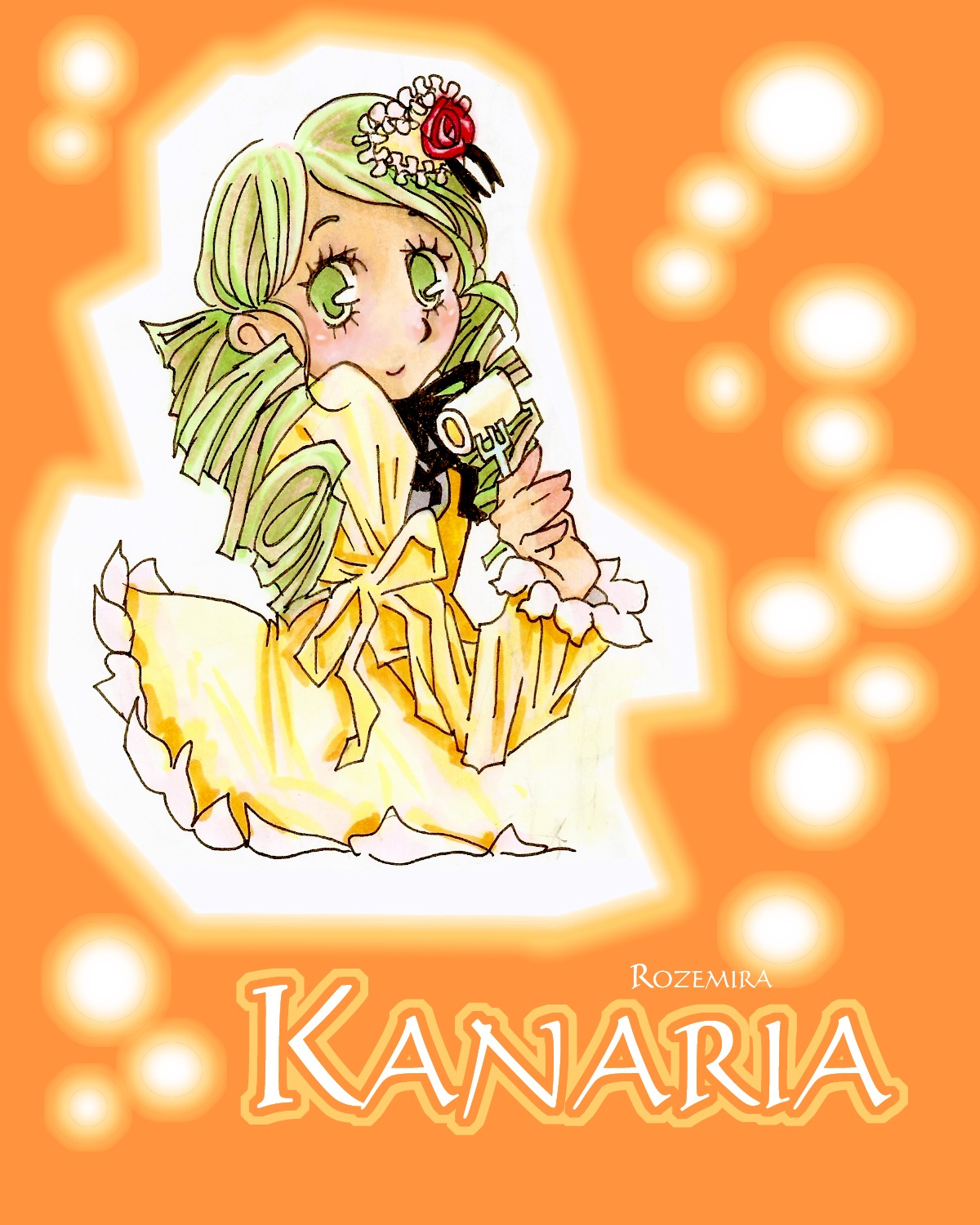 1girl cup dress drill_hair english_text green_eyes green_hair hair_ornament image kanaria long_sleeves looking_at_viewer orange_background smile solo twin_drills wide_sleeves