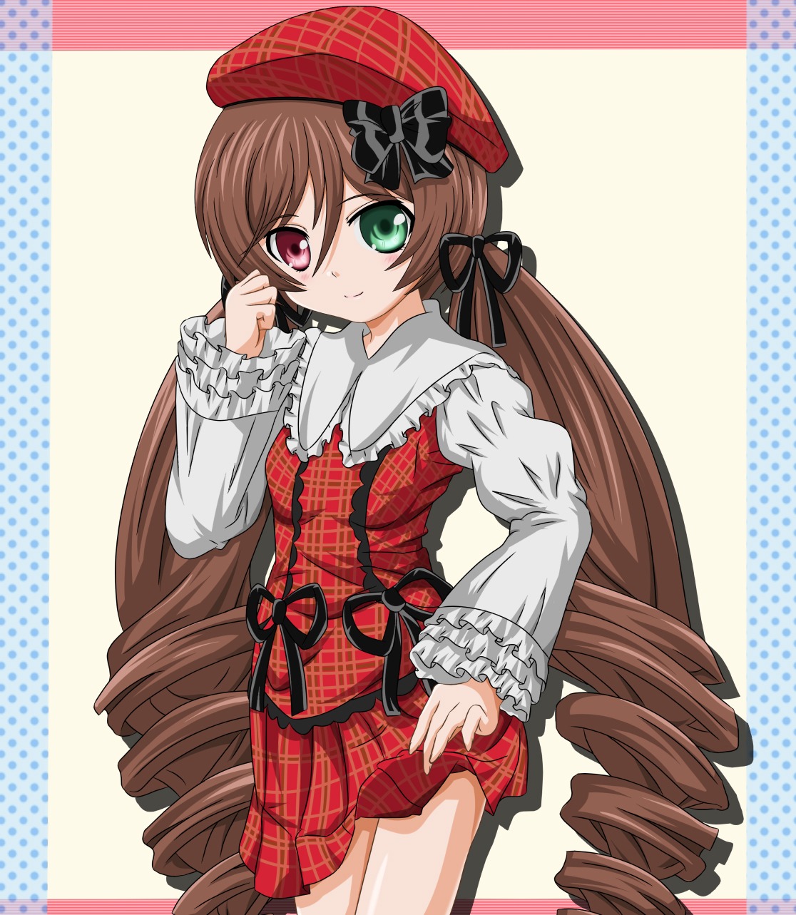 1girl alternate_hairstyle bow brown_hair clothes_lift commentary_request dress dress_lift drill_hair frills green_eyes hair_ribbon halftone halftone_background hat heterochromia highres image long_hair long_sleeves looking_at_viewer plaid polka_dot polka_dot_background red_eyes ribbon rozen_maiden smile solo suiseiseki takumi_(rozen_garten) twin_drills twintails very_long_hair
