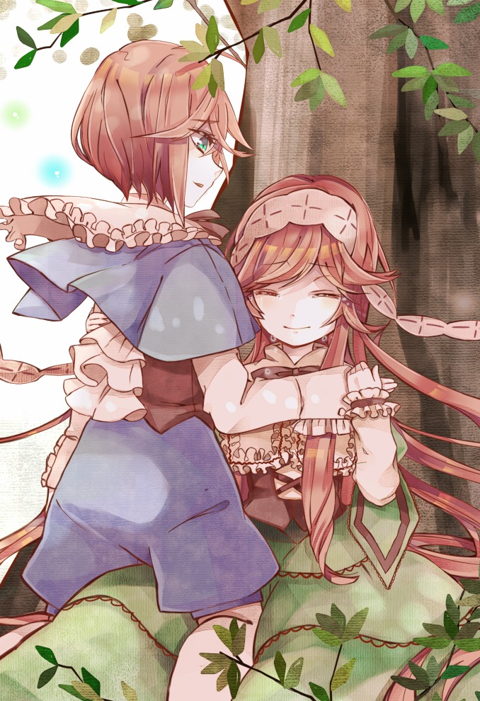 2girls branch capelet closed_eyes dress hug image leaf long_hair multiple_girls pair plant short_hair siblings sisters sitting smile souseiseki suiseiseki very_long_hair vines