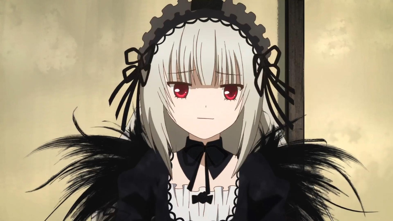 1girl bangs black_ribbon black_wings closed_mouth detached_collar dress eyebrows_visible_through_hair hairband image long_hair long_sleeves looking_at_viewer red_eyes silver_hair smile solo suigintou upper_body wings