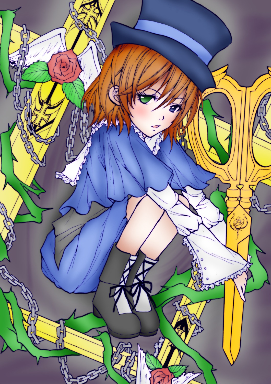 1girl anchor ankle_cuffs bdsm bondage boots bound broken broken_chain chain chain_necklace chained clock cuffs flail flower gold_chain green_eyes handcuffs hat heterochromia image key lock pearl_(gemstone) pink_rose pocket_watch red_flower red_rose rose shackles short_hair sickle sitting slave solo souseiseki swing top_hat watch yellow_flower yellow_rose