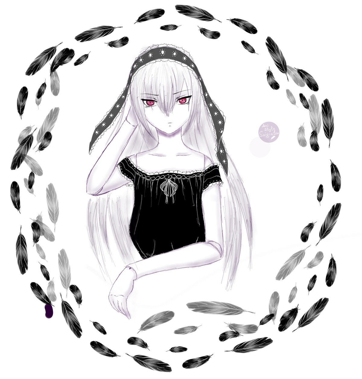 1girl bangs bare_shoulders closed_mouth collarbone dress eyebrows_visible_through_hair feathers greyscale hair_between_eyes image long_hair looking_at_viewer monochrome pale_skin red_eyes sleeveless solo spot_color suigintou upper_body
