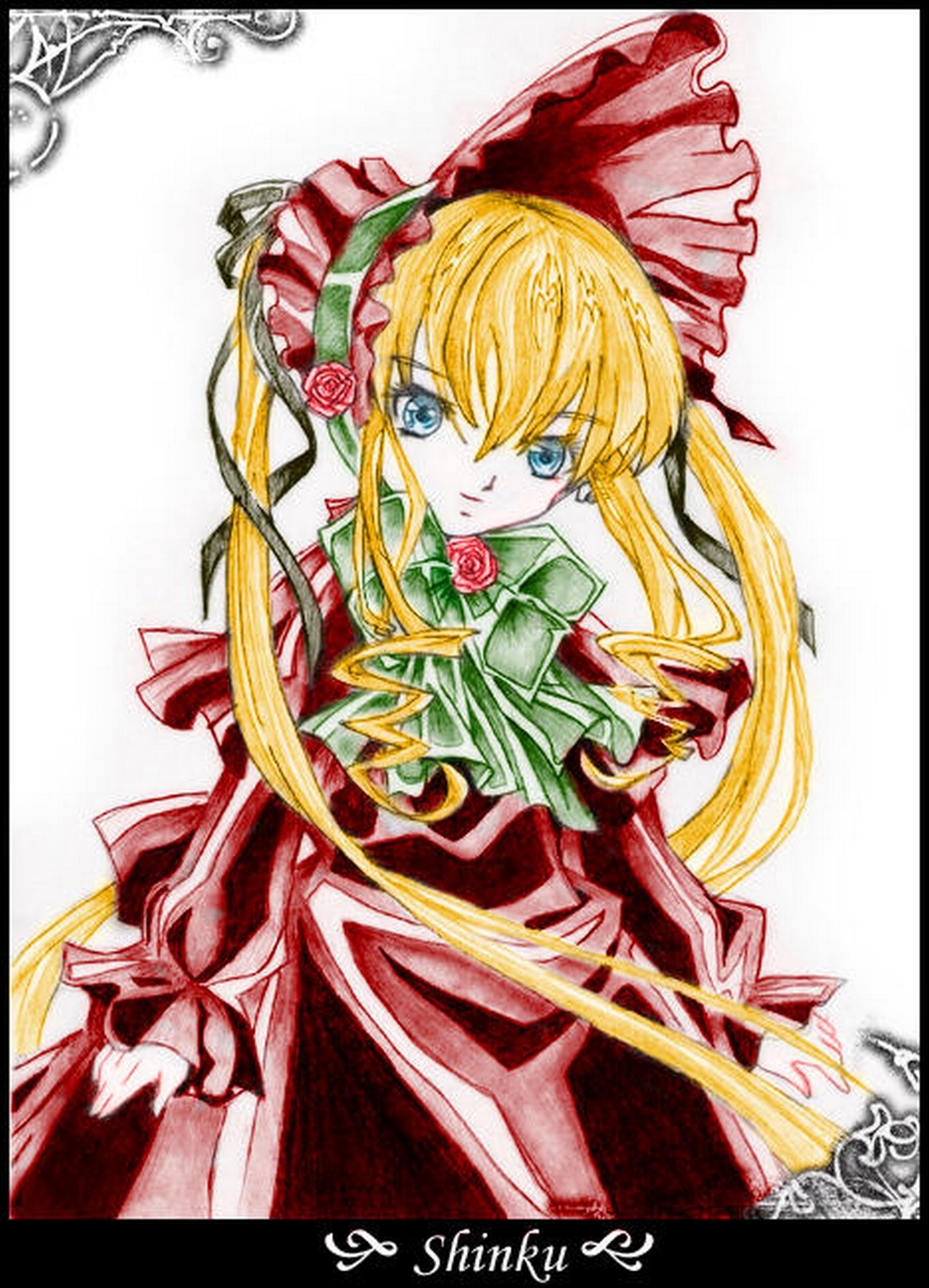 1girl black_border blonde_hair blue_eyes bonnet bow bowtie dress flower green_bow green_neckwear image letterboxed long_hair long_sleeves looking_at_viewer marker_(medium) pink_flower pink_rose red_flower red_rose rose shikishi shinku sidelocks simple_background solo traditional_media twintails white_background