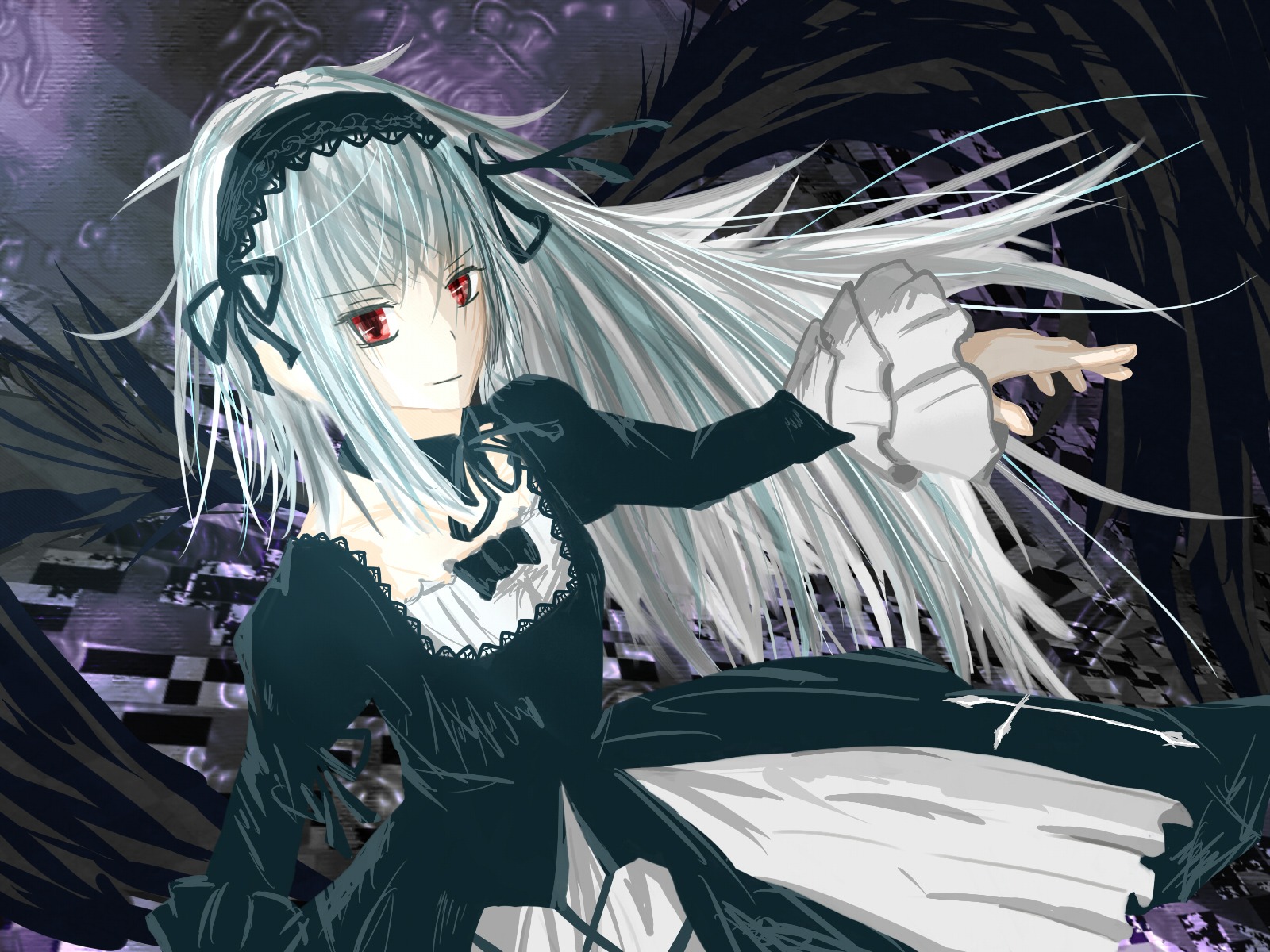 1girl auto_tagged black_dress black_ribbon black_wings dress feathered_wings feathers frills hairband image long_hair long_sleeves looking_at_viewer red_eyes ribbon silver_hair smile solo suigintou wings