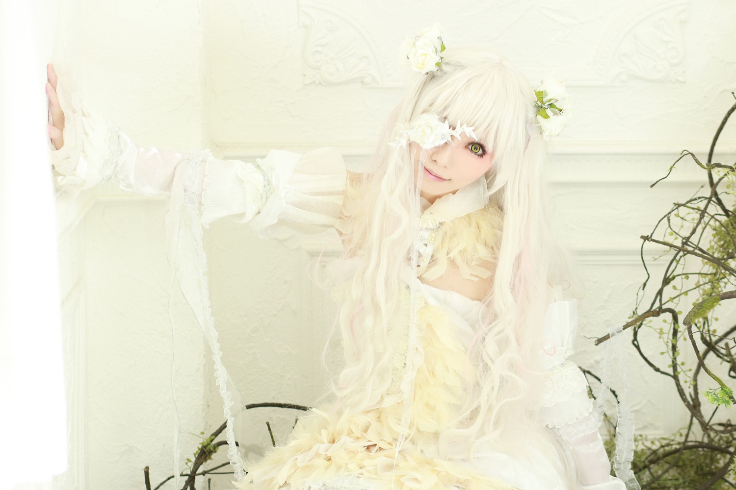 1girl bangs dress eyepatch flower kirakishou lips long_hair plant sitting solo very_long_hair vines white_hair