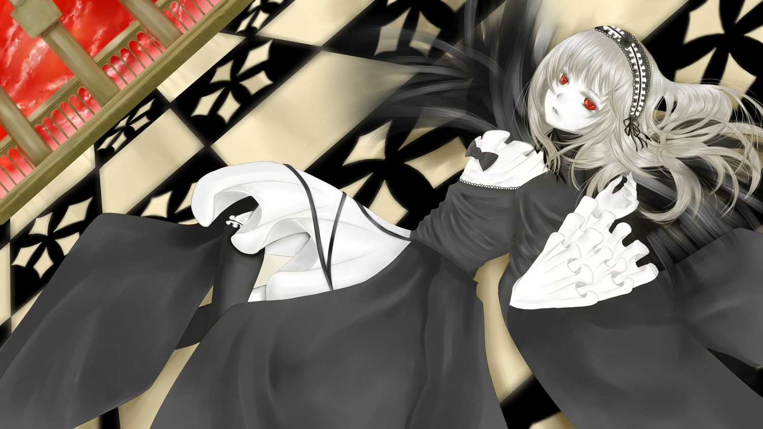 1girl argyle argyle_background checkered checkered_background checkered_floor dress flower hairband image lolita_hairband long_hair long_sleeves perspective red_eyes rose solo suigintou tile_floor tiles