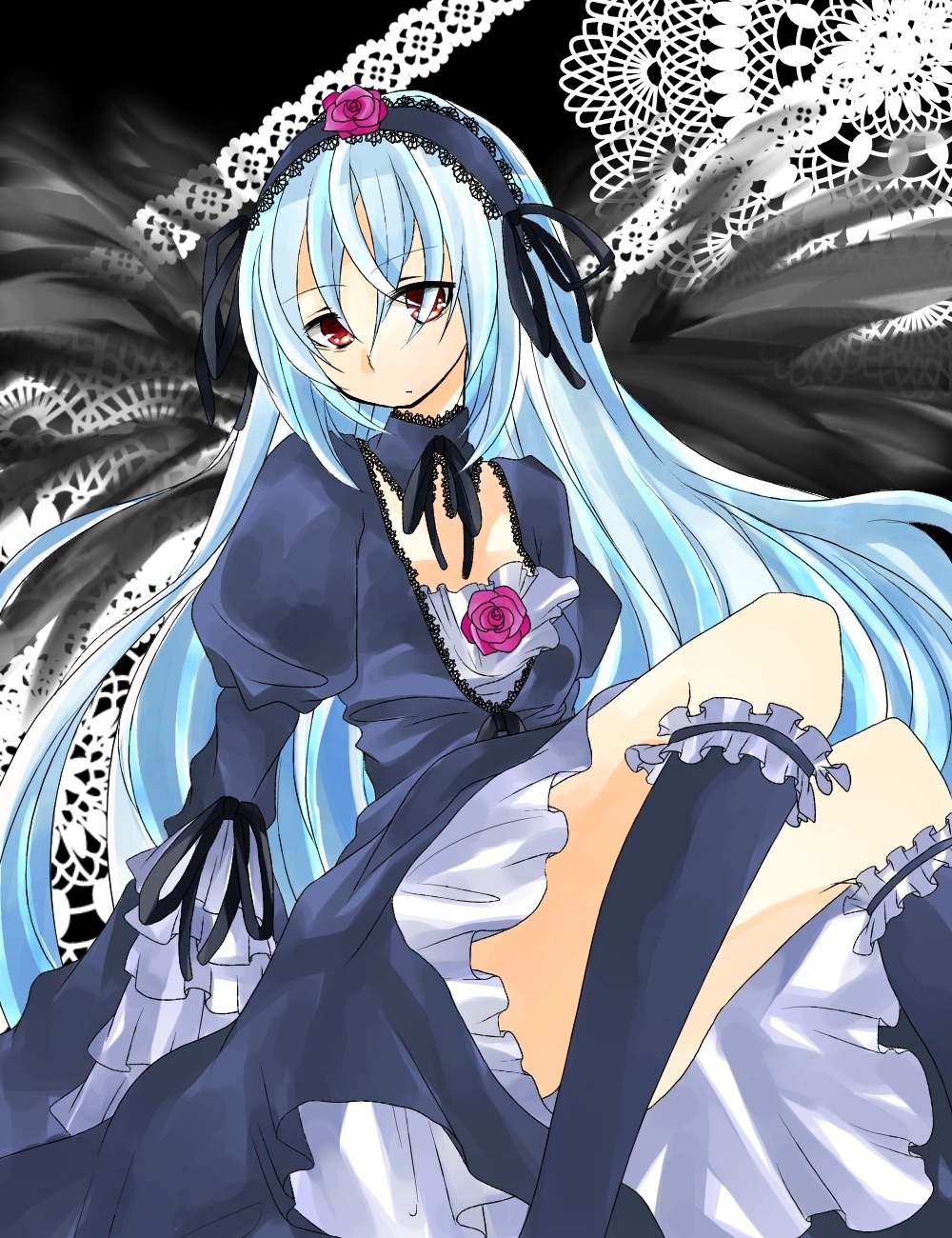 1girl black_legwear blue_hair dress flower frills gothic_lolita hairband image kneehighs lolita_fashion lolita_hairband long_hair long_sleeves looking_at_viewer red_eyes ribbon rose solo suigintou very_long_hair wings