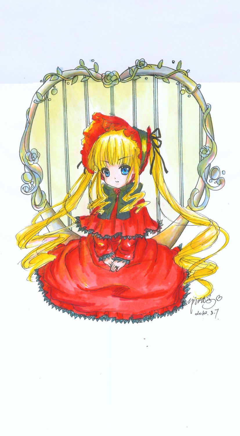 1girl artist_name bangs blonde_hair blue_eyes bonnet bow bowtie capelet dated dress flower full_body image long_hair long_sleeves looking_at_viewer red_dress rose shinku signature sitting solo twintails very_long_hair