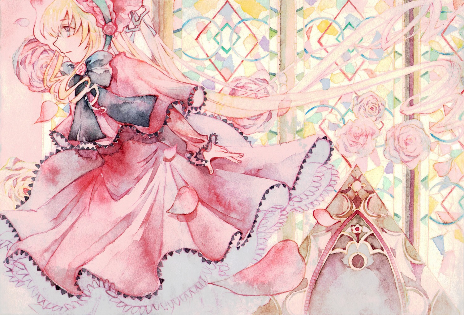 1girl alice_margatroid blonde_hair bow capelet dress flower hat image long_hair petals pink_flower pink_rose ribbon rose shinku solo traditional_media watercolor_(medium)