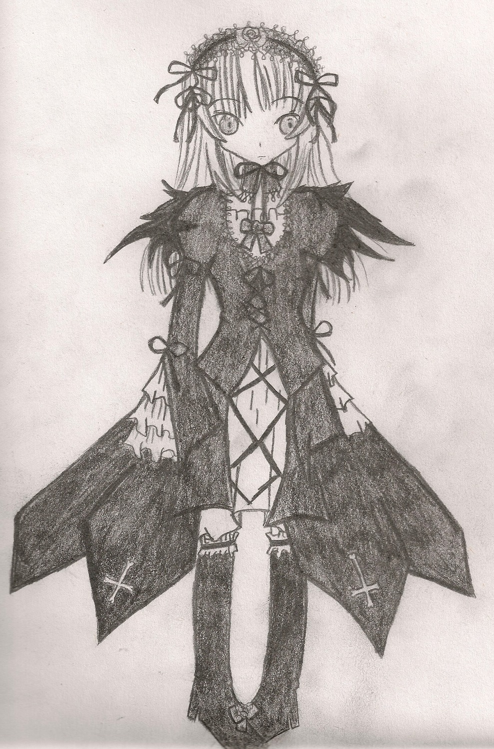 1girl auto_tagged boots cross-laced_clothes detached_collar dress flower full_body greyscale hairband image lolita_hairband long_hair long_sleeves looking_at_viewer monochrome solo standing suigintou thighhighs traditional_media
