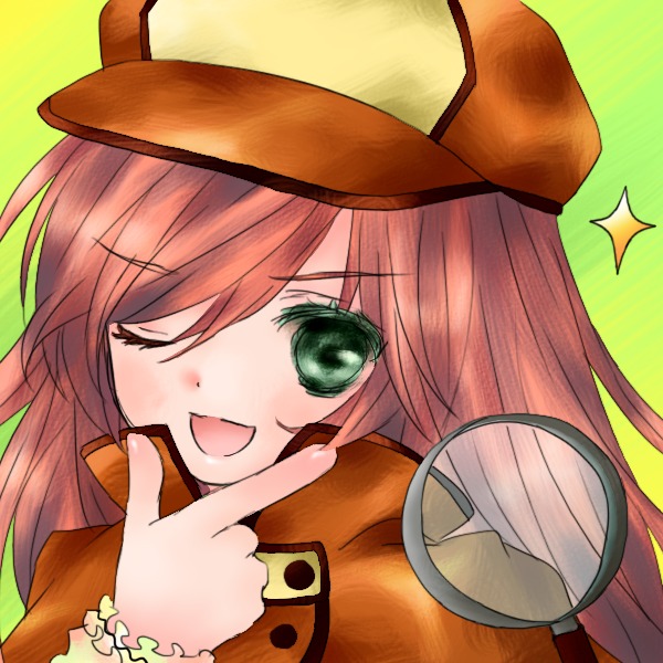 1girl ;d blush green_background green_eyes hat image long_hair long_sleeves looking_at_viewer one_eye_closed open_mouth pink_hair simple_background smile solo sparkle suiseiseki upper_body