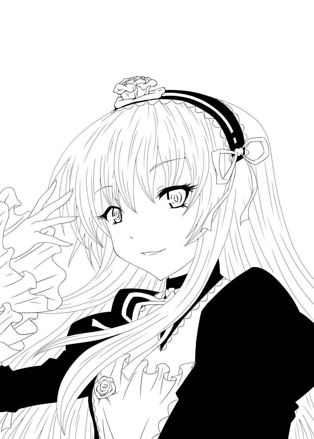 1girl blush dress greyscale hairband image long_hair long_sleeves looking_at_viewer monochrome smile solo striped striped_background suigintou upper_body