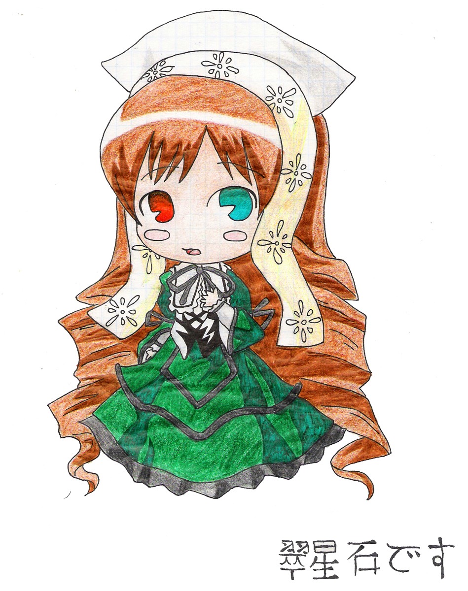 1girl blush_stickers brown_hair chibi dress drill_hair full_body green_dress hat head_scarf heterochromia image long_hair long_sleeves looking_at_viewer open_mouth red_eyes simple_background solo suiseiseki traditional_media very_long_hair white_background