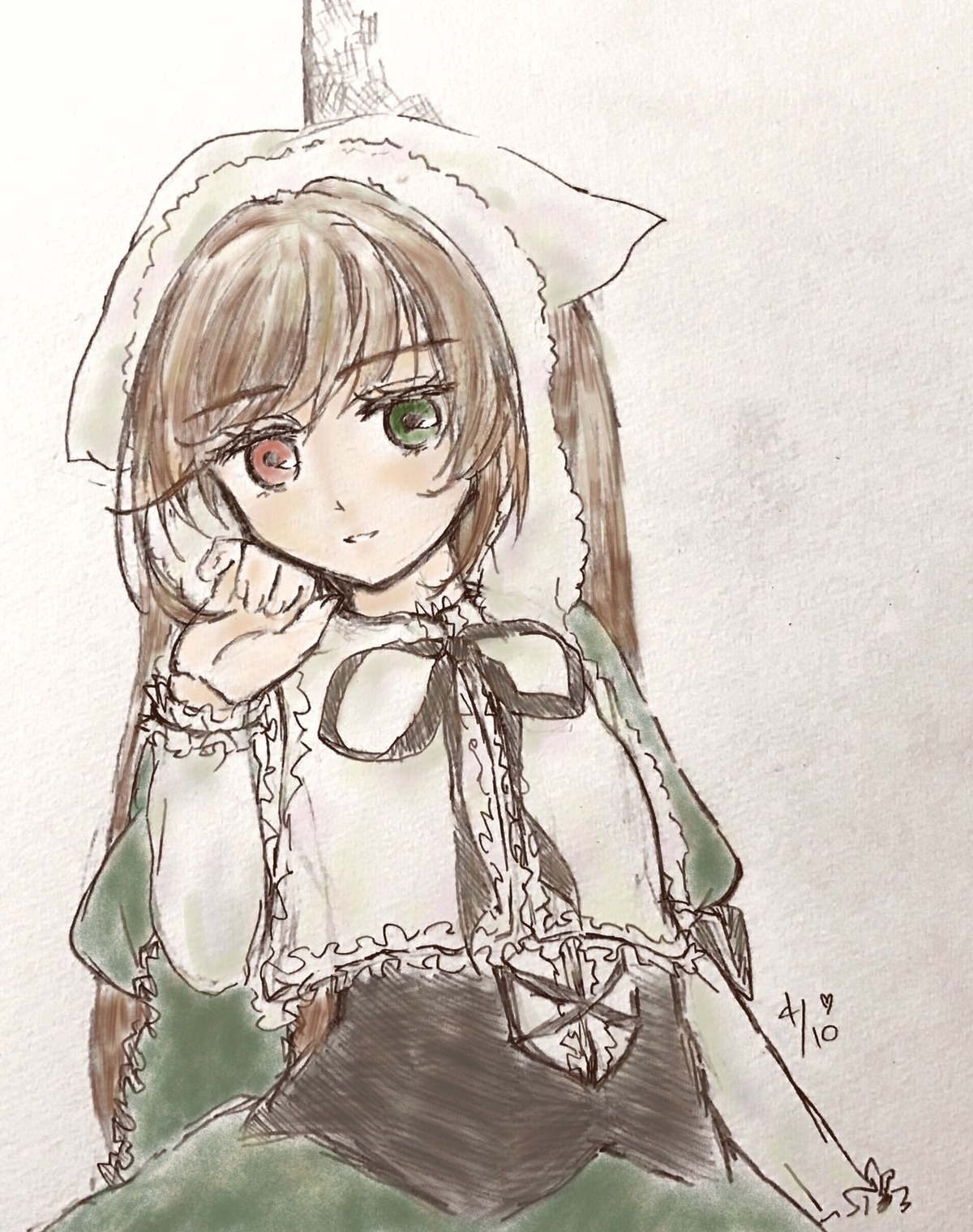 1girl bangs black_ribbon brown_hair capelet closed_mouth dress eyebrows_visible_through_hair frills green_dress green_eyes heterochromia image long_sleeves looking_at_viewer neck_ribbon red_eyes ribbon solo suiseiseki upper_body