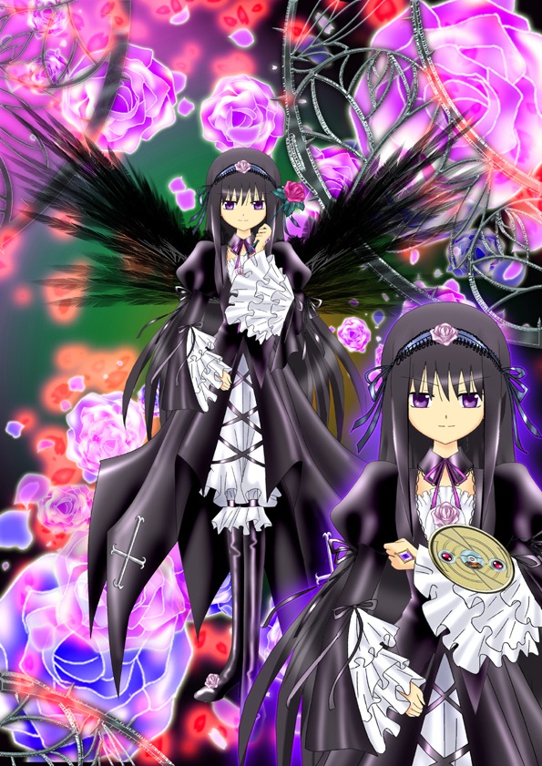 1girl akemi_homura black_hair dress dual_persona flower frills hairband image long_hair purple_eyes purple_flower ribbon smile solo suigintou wings