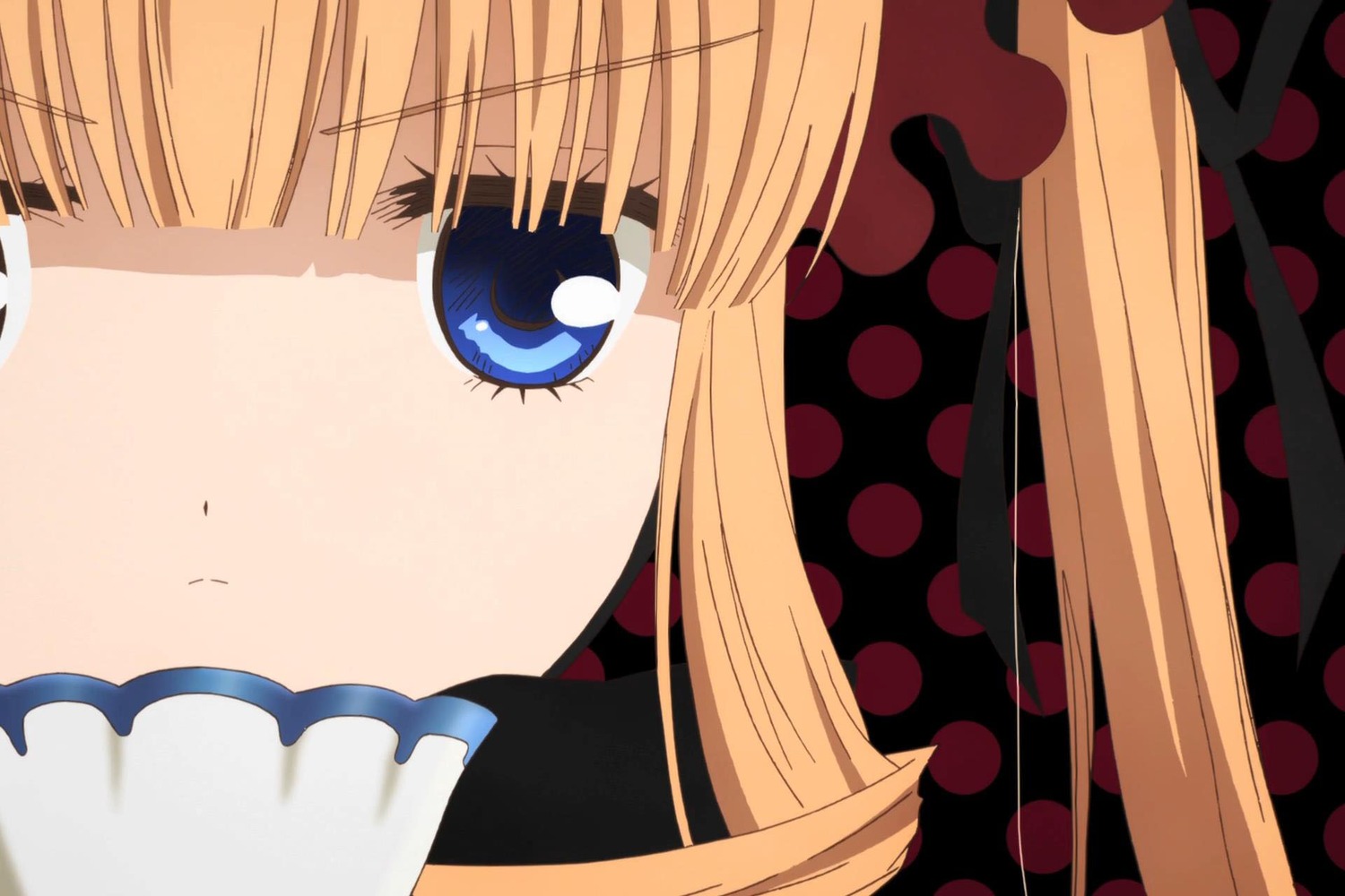 1girl auto_tagged bangs blonde_hair blue_eyes eyebrows_visible_through_hair face image long_hair looking_at_viewer polka_dot shinku solo twintails