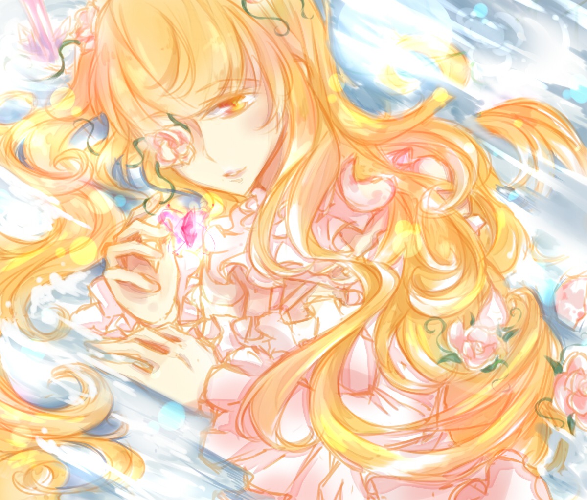 1girl blonde_hair dress flower frills image kirakishou long_hair lying pink_flower pink_rose rose solo very_long_hair yellow_eyes