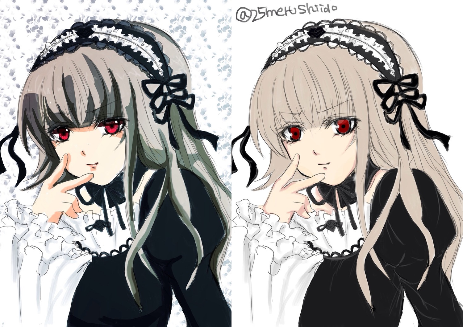 2girls dress frills hairband image long_hair long_sleeves looking_at_viewer multiple_girls red_eyes ribbon silver_hair simple_background smile solo suigintou twitter_username upper_body white_background