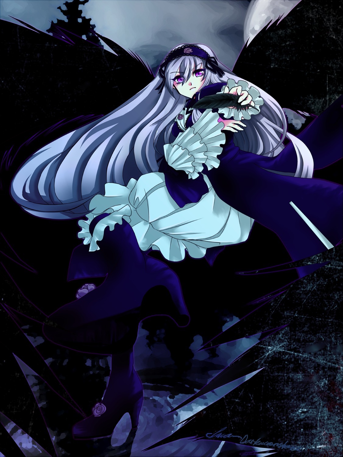 1girl auto_tagged dress flower frills hairband image long_hair long_sleeves moon purple_eyes rose silver_hair solo suigintou very_long_hair wings
