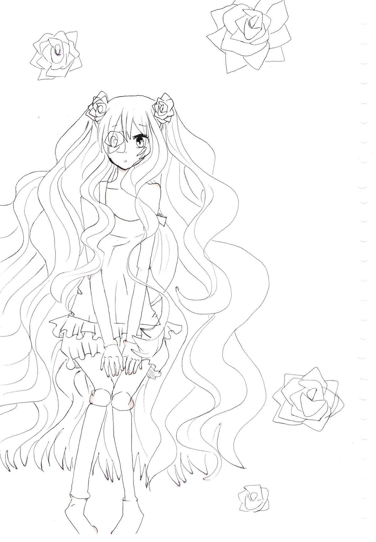 1girl boots dress flower hair_flower hair_ornament hatsune_miku image kirakishou lineart long_hair monochrome rose solo striped thighhighs thorns twintails vertical_stripes very_long_hair